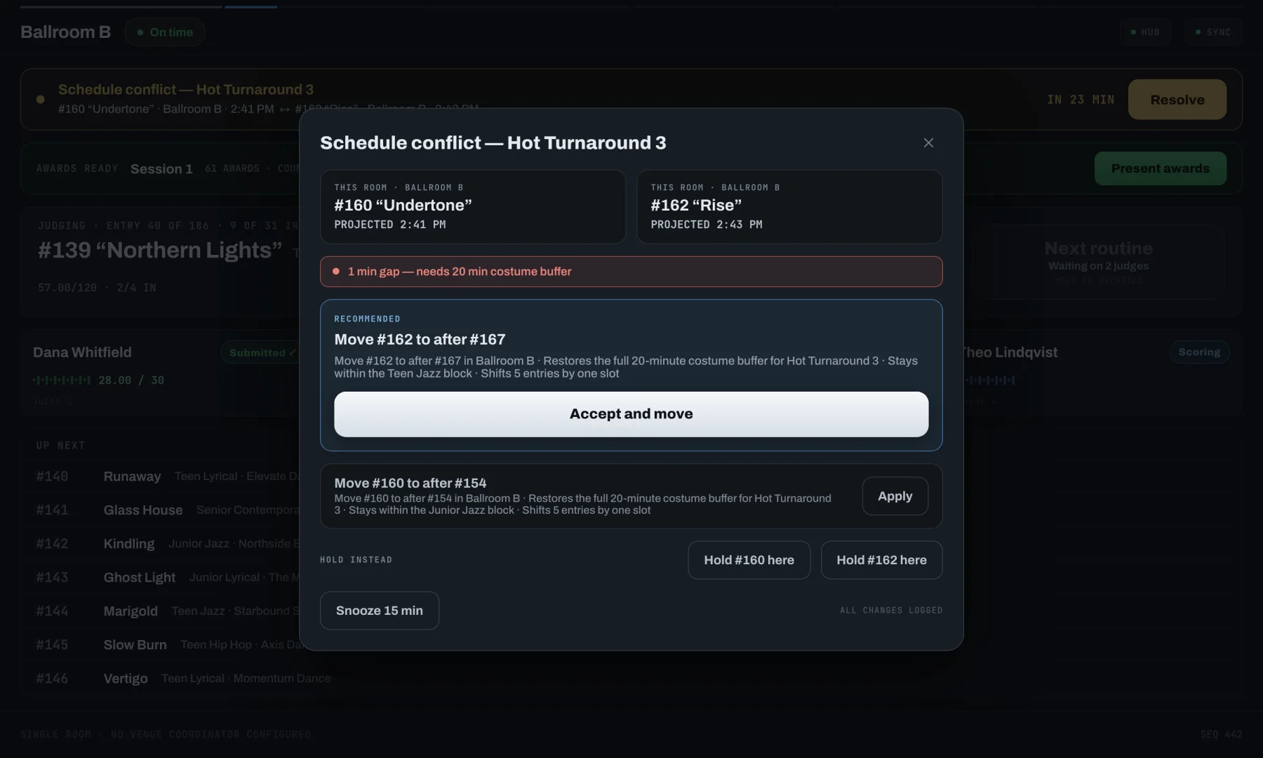 The ProJudge conflict resolver: two clashing entries with their projected times, the reason (a one minute gap where twenty minutes of costume buffer is needed), a recommended move with the engine's own reasoning, an alternative move, hold options, and a snooze.