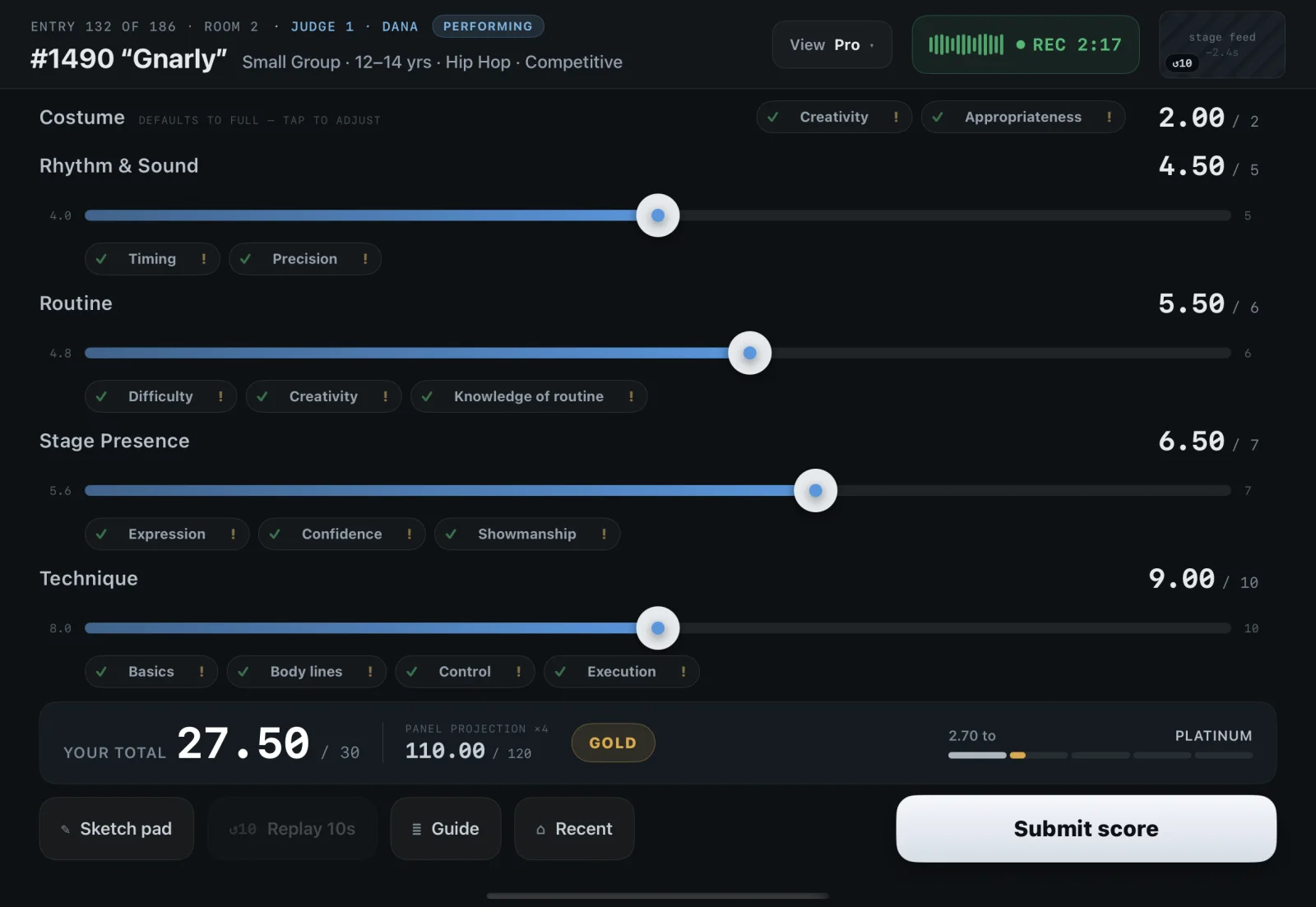 The ProJudge judge app recording normally: a green live waveform and a REC badge counting 2:17 — the state a signal-driven meter would keep showing even after the disk stopped accepting audio.
